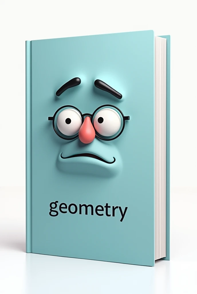 Um livro com traços humanos Na capa, com fundo branco, facing the front, with unrealistic animated features, tired face with glasses, with the word "geometry" Na capa, light blue