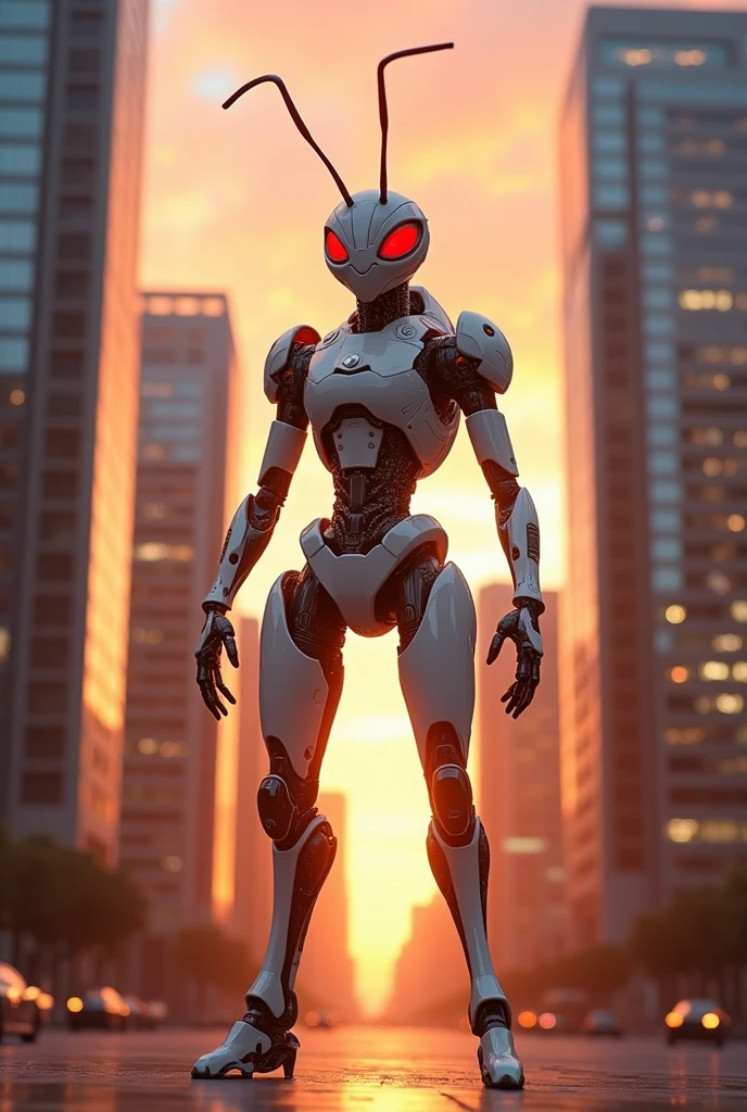 Fire ant in white  cyborg costume standing between sky scrapers at sunset