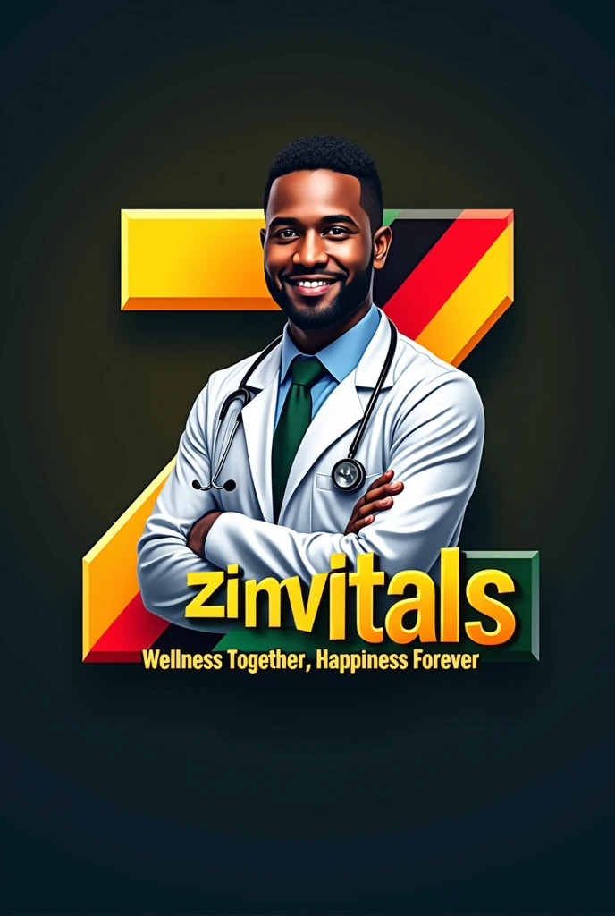 I want a logo for a health channel called ZimVitals, make the Z in ZimVitals with colours of Zimbabwean flag which are( black, yellow, green, red and black), with motto "Wellness together, happiness forever". Put a tinge of dim Zimbabwean flag at the background. Add a realistic black doctor with a patient in the background.