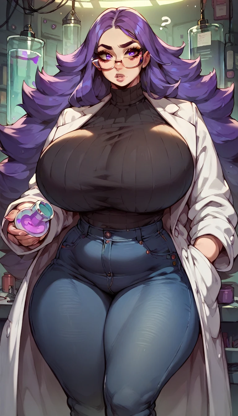 score_9, score_8_up, score_7_up, score_6_up, ,
curvy, plump, (wide hips), (thick thighs), gigantic breasts, skindentation, long lashes, gorgeous woman, ultra detailed, long purple hair, purple eyes, purple purple, with glasses, jeans, highleg, turtleneck, (black lab coat), with futuristic tech around, curious expression, inquisitive face, holding a steaming flask, laboratory background, various computer screen in the background, perplexed, confused, ?, voluptuous