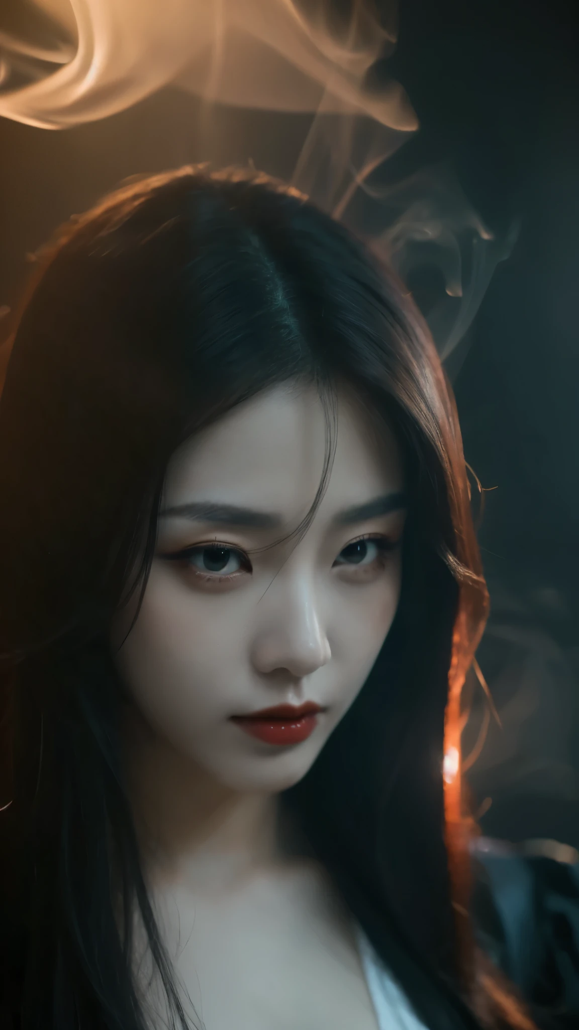 close-up of beautiful Korean female, wearing as vampire costume, in the vampire camp, smoke effects behind
