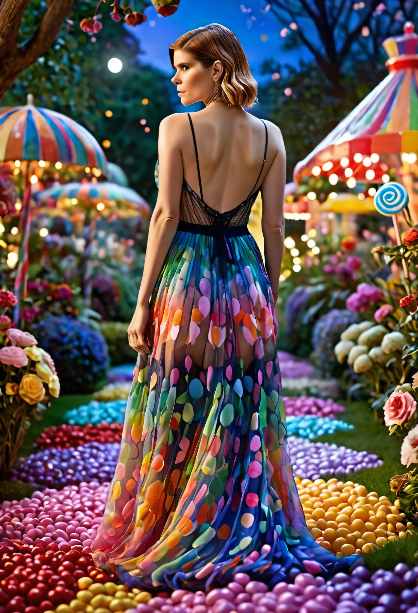 a detailed photo of Kate Mara in a sheer colorful gown without underwear, strolling through a candy land garden in full bloom on a moonlit night, sultry poses, mainly viewed from behind, best quality,4k,8k,highres,masterpiece:1.2,ultra-detailed,realistic,photo-realistic:1.37,HDR,UHD,studio lighting,ultra-fine painting,sharp focus,physically-based rendering,extreme detail description,professional,vivid colors,bokeh,portrait