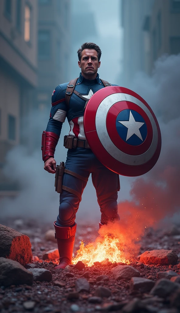 Captain America's face is a study in inner conflict, his brows furrowed, and his eyes filled with anguish as he weighs the consequences of altering the timeline. His iconic shield is slung across his back, slightly obscured, as if forgotten in this moment of deep contemplation. His stance is tense, with one foot planted forward, ready to move, but his body pulled back by the weight of the decision.