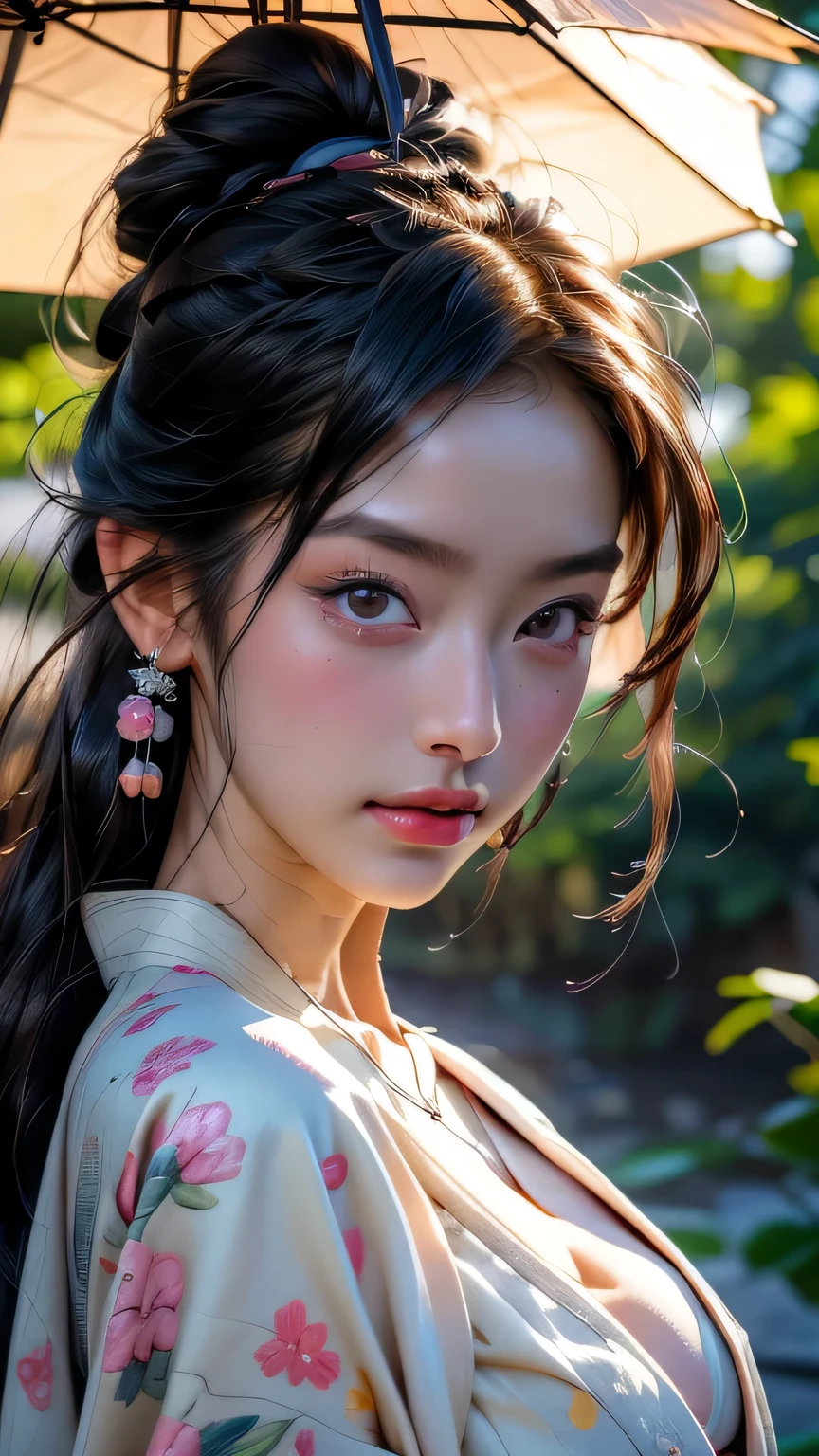 (Cinematic Light, 最high quality, 8k, masterpiece: 1.3), (The world is wonderful, Japanese Goddess, One beautiful woman in the Japan), (necklace, bracelet, anklet, Leg Ring), (Cleavage, sexly, Highly detailed breasts), (Big Tits), kimono, classic kimono, kimono, Japan kimono, intricate geisha, blue kimono with floral pattern, Japanese style, wearing kimono, Inspired by Kano Hogai, masterpiece, 最high quality, high quality, High resolution､((Face close-up))､(Face close-up