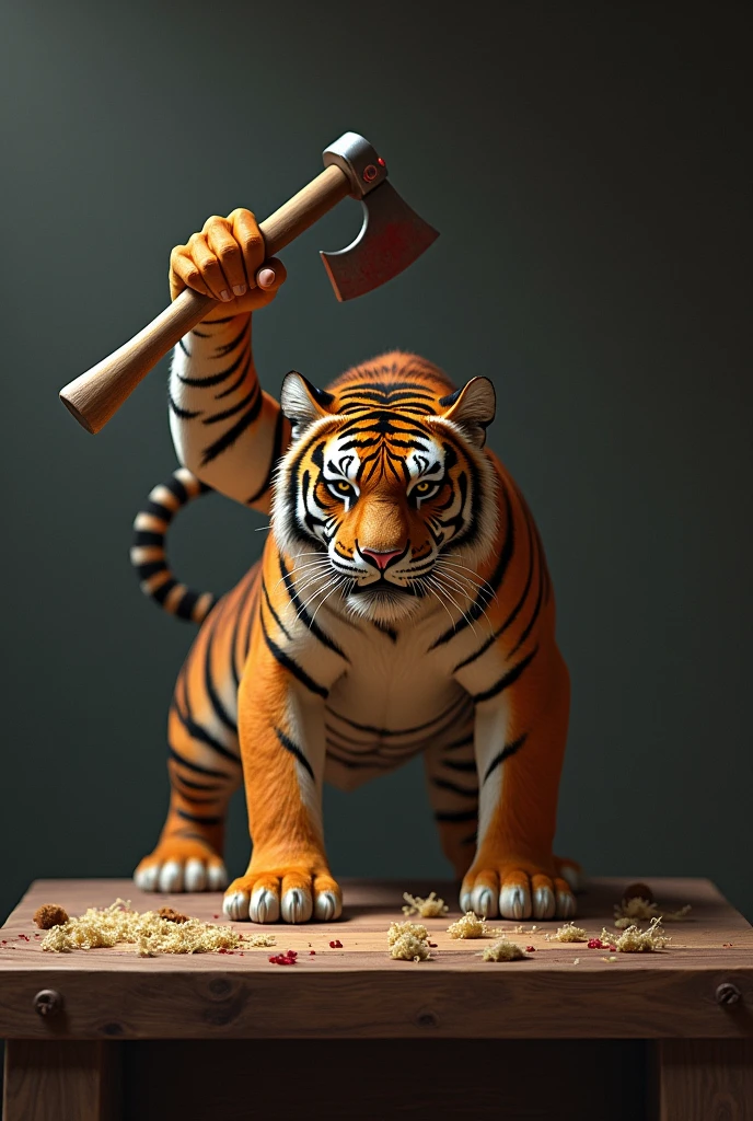 Tiger chops his own long tail in two with an axe on a cutting board, he cuts his own tail in two