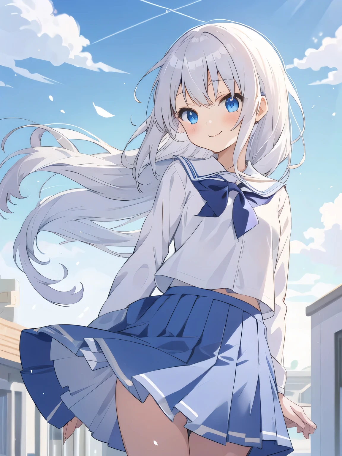 cute girl, アニメ, silver hair, Blue eyes, feel shy, cute, (young:1.1), side shot, cowboy shot, white school uniform, morning, school zone, smile, blue skirt, strong wind, 下から, パンチラ