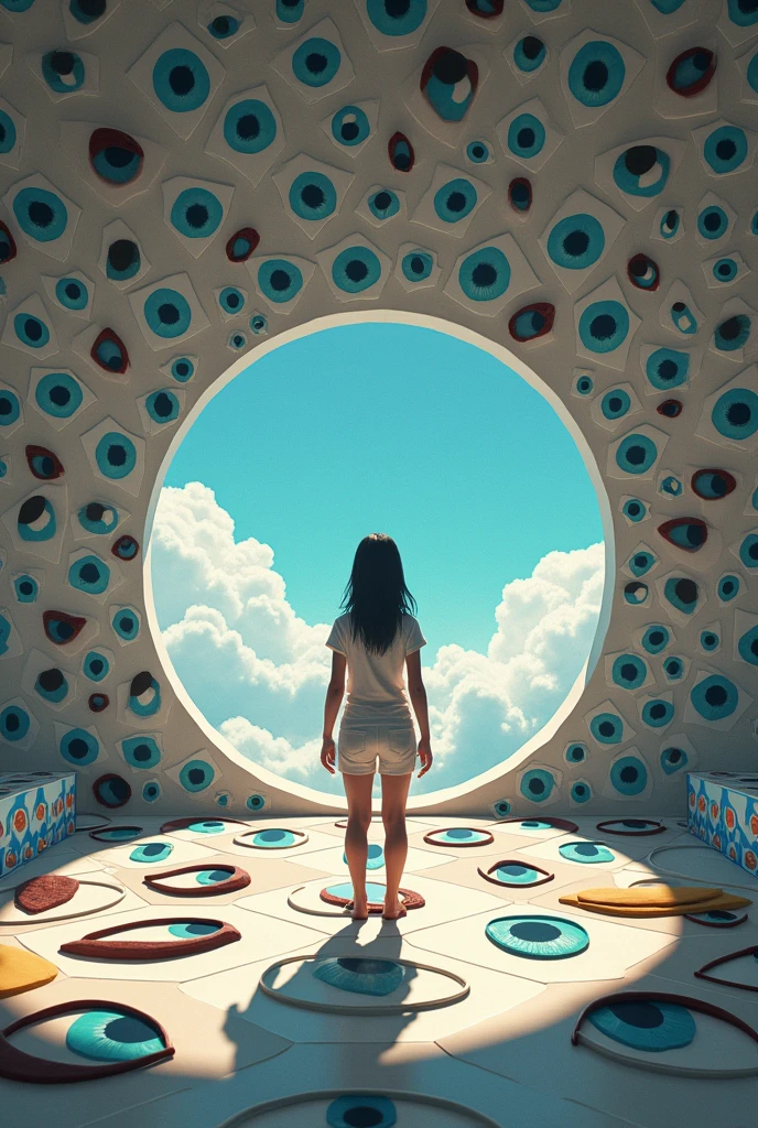 Be in a place, in the center of it, surrounded by hundreds of eyes on the walls watching, more aesthetic eyes, friendly, but flat, as if they were in rhombus-shaped mirrors, without depth, in intersecting circles delimiting them, a more closed eye shape