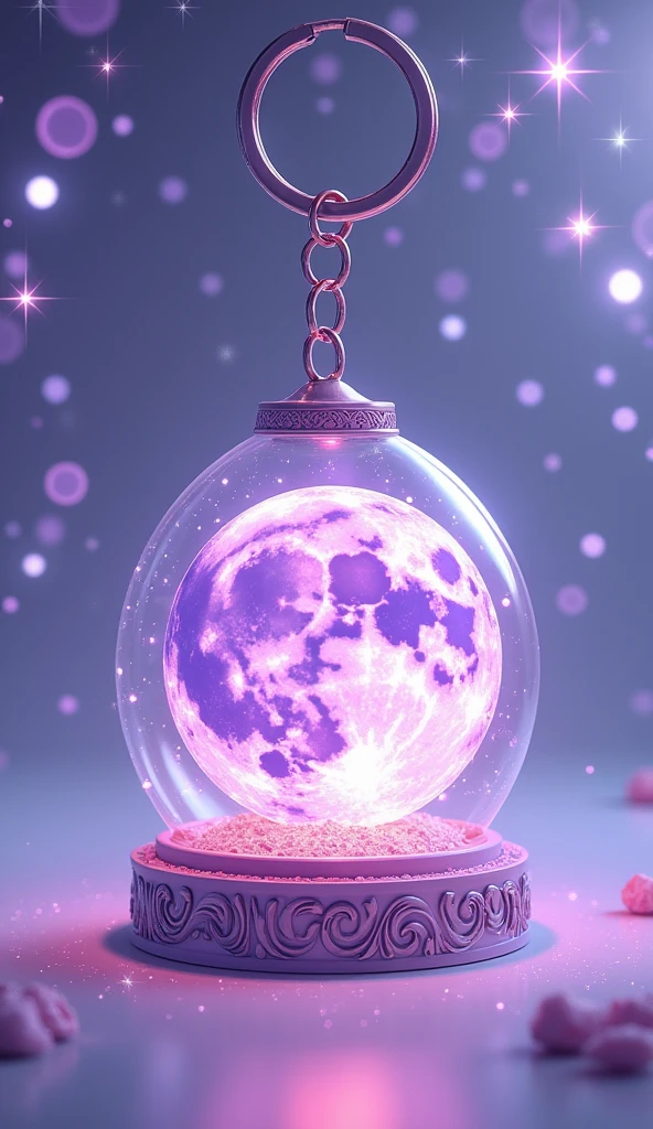 A keychain made of lavender magic moon pendant,Colorful lights flashing in the transparent glass,There are detailed stars in the background,Anime art style,Detailed Disney character designs,With detailed illustrations。It has twinkling effects and glowing stars,Light purple and white background,Purple theme,Glowing colors,There are twinkling stars around