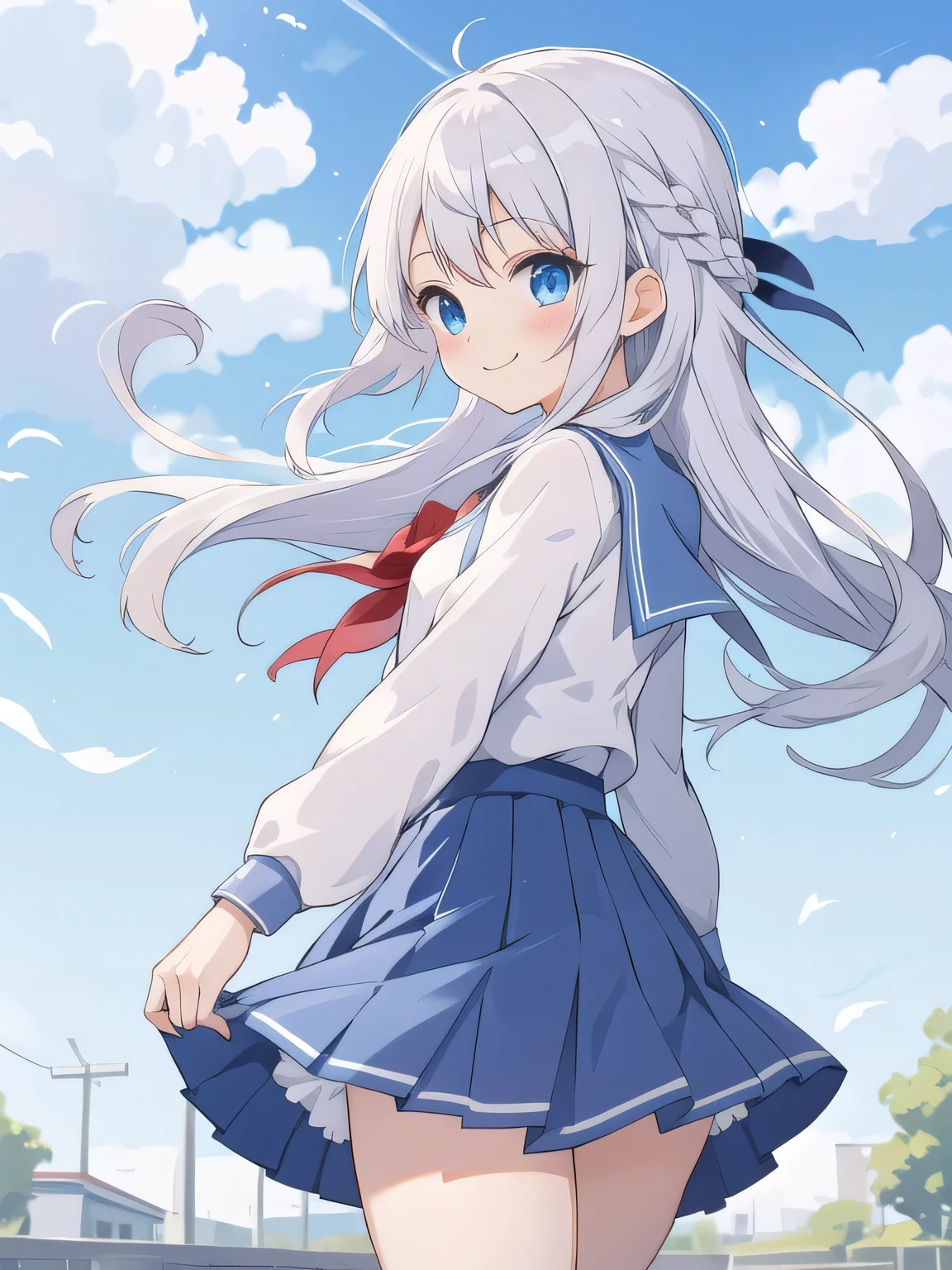 cute girl, アニメ, silver hair, Blue eyes, feel shy, cute, (young:1.1), side shot, cowboy shot, white school uniform, morning, school zone, smile, blue skirt, strong wind, 下から, パンチラ