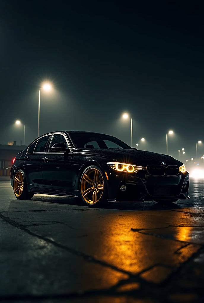 BMW 320d black with gold alloy wheels with yellow devil head light at night