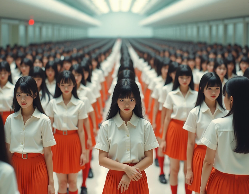 (((((Japanese Clone-girls=Myself))))), (((Super Best masterpiece Clone-girls Raw Photography Art))), (((16K, Highest quality, Ultra-high resolution, RAW Photos))), (((It's so unrealistic., With unparalleled depiction, With an unfathomable sight, An unprecedented and shocking worldview, Clone-girls: In a world of mass reproduction, Ultra-realistic))), (((Japanese Girls, Sasaki Nozomi, 26yo, Small face, Thick black hair, Medium to long hair, Dark Eyes, Mature face, Cute Smile, Smiling face, A gentle gaze, (((Very happy laughter)))))), (((Very beautiful detailed girls, Accurate body structure, Accurate body movements, Very detailed body, (((Super big breasts, Large bulge of ample breasts)))))), (((White short-sleeved shirt, I can see the cleavage, Emphasise the fullness of your breasts, Orange pleated mini skirt, Red color socks, Black leather shoes))), ((((((((Very detailed, Myself cloning, Depiction of splitting oneself, 1Myself girl→1,000,000,000,000,000,000,000,000,000,000Myself cloning girls)))))))), (((((((Myself clone-girlsから, Myself keeps multiplying, (Very detailed and intricate, To the exact, Flawless, (((In the same female body,With the same face, With the same hairstyle, In the same clothes, At the same height, 同じSuper big breastsである))), In a detailed depiction), 1,000,000,000,000,000,000,000,000,000,000 people))))))), (((((Myself girls only))))), (((((1,000,000,000,000,000,000,000,000,000,000Myself girls))))), (((((Very detailed depiction, Multiple or more Myselves, Physical contact, Pleasant conversation, Holding hands, Hug, walk, Turn around, Shift your gaze))))), (((Very detailed, Extremely crowded, Body-to-body contact with no gaps))), (Bright and soft light), (((((Clear and accurate perspective depiction, super wide view, Ultra-wide field of view, Focus on the average value of the image))))), A crowd of Myself filling up the horizon, Everyone is sexy!!!!, I want to touch each other, I want to have sex with everyone, I want to overlap