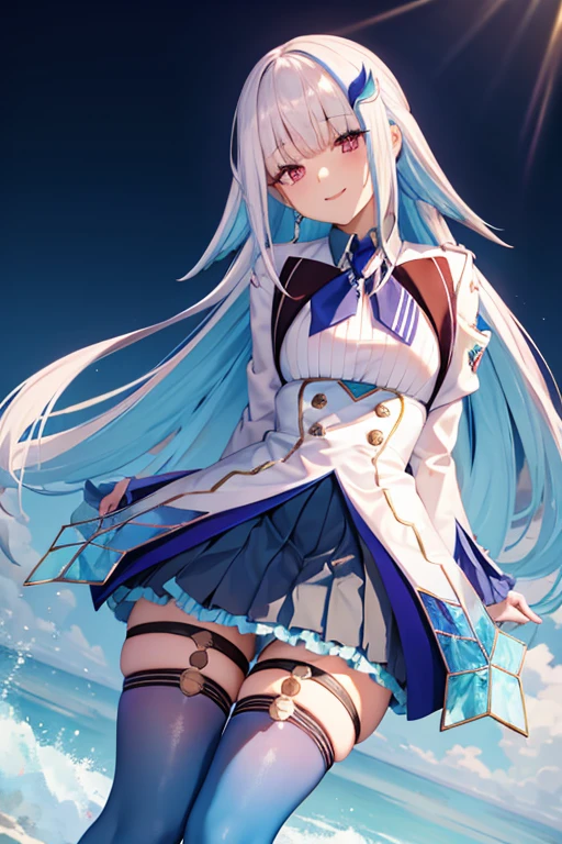 Highest quality, lh1, hair ornamnet, long hair, long sleeves, pleated skirt, blue thighhighs, 手链, frilled skirt, white jacket, white shirt, blue skirt, thigh strap,squat,(Spread your legs),A seductive smile, Place your arms behind your head,Low - Angle,(Photographed from the front),Black Panties,Showing panties,Long legs,Facing forward,(Anatomically correct), cum on cloth,Plump thighs