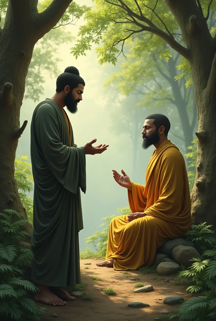 Buddha poses the question to Malyukputra. The image shows Malyukputra in a thoughtful pose, while Buddha gestures with his hand, explaining the scenario of a man hit by a poisoned arrow. The background is still a peaceful forest, with both figures focused on the discussion.