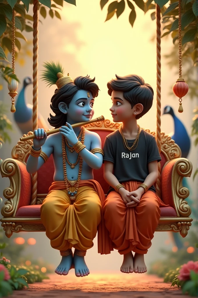 Create 3D image of 1 Indian devotional boy sitting next to Krishna ji and Krishna ji is playing flute, they both are on swing and swing is nicely decorated and sitting together, boy is wearing black color T-shirt with name “RAJAN” written on it, heaven like beautiful scene background, peacock dance, realistic image and boy is bare feet