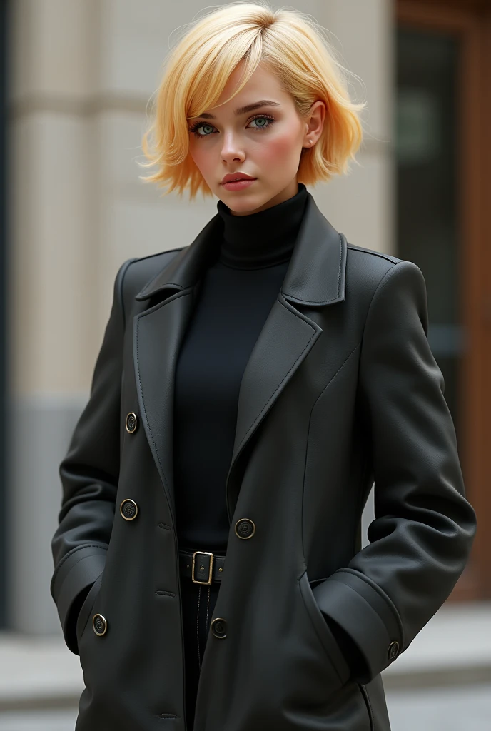 confident young woman with short blonde hair in coat very proud
