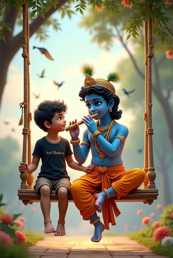 Create 3D image of 1 Indian devotional boy sitting next to Krishna ji and Krishna ji is playing flute, they both are on swing and swing is nicely decorated and sitting together, boy is wearing black color T-shirt with name “ ARTI SHAKYA” written on it, heaven like beautiful scene background, peacock dance, realistic image and boy is bare feet.