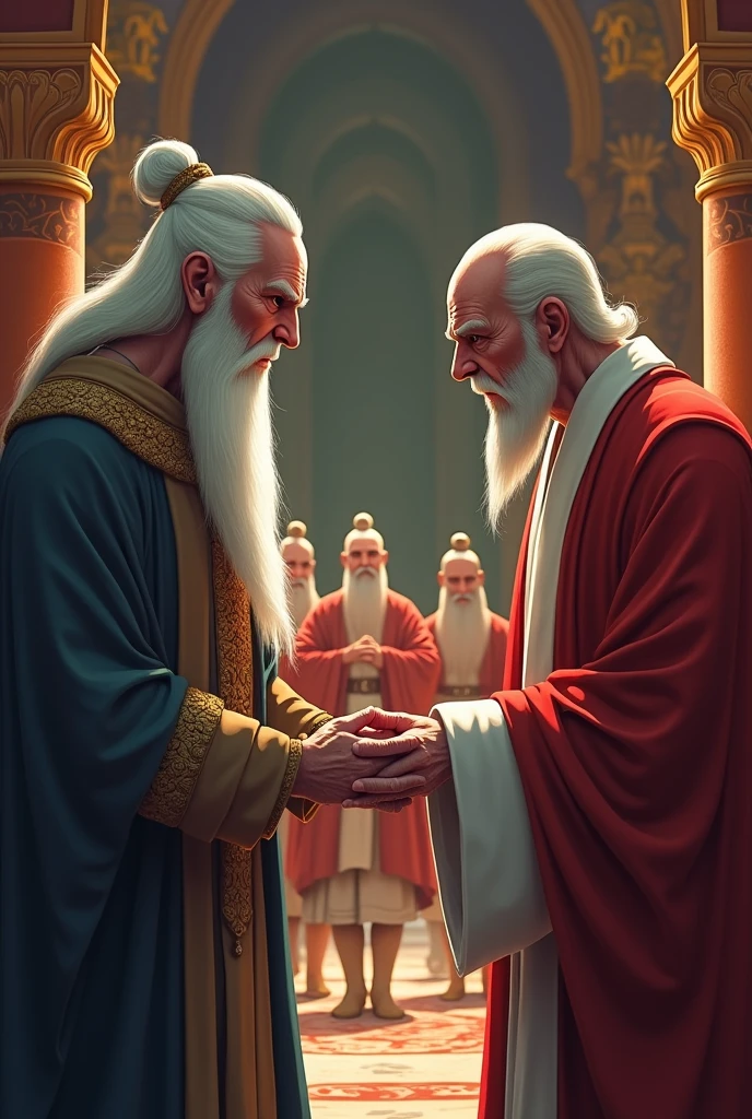 The king angrily orders his guards to push the sage out of the palace. The sage remains calm and unflustered as he is forced to leave, while the king's expression is one of irritation and dismissal.