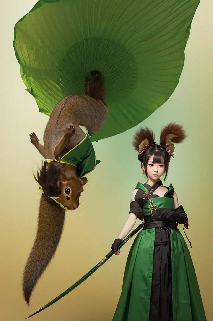 Combining a squirrel and a samurai、The dress is green、The tail is large