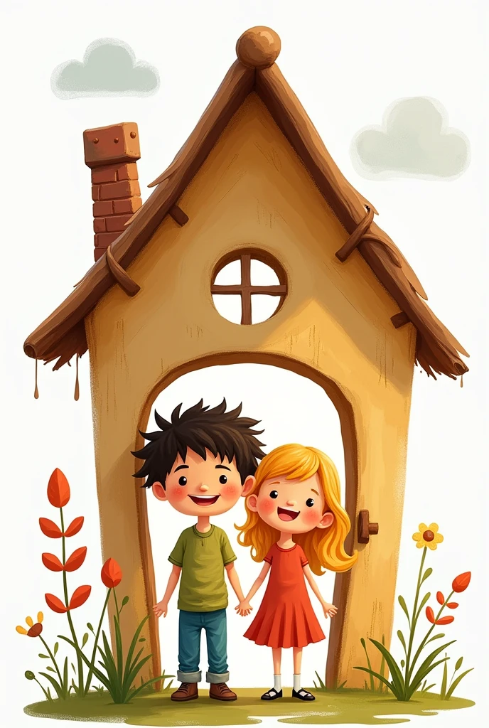 Make me a house with a boy and a girl inside smiling that looks like it was created by an boy