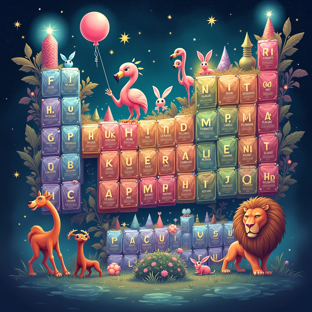An awe-inspiring illustration of the periodic table, where each element has transformed into a unique, living creature. The elements come to life with creative and imaginative features, such as a helium balloon for helium, a flamingo for lithium, and a lion for silicon. The background is a colorful, swirling vortex of the elements, with stars and galaxies intertwined. The overall ambiance is a blend of science and fantasy, with a sense of wonder and discovery.