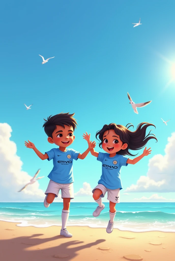One boy sohan and girl samita are seeing sea beach.they wearing mancity jersy