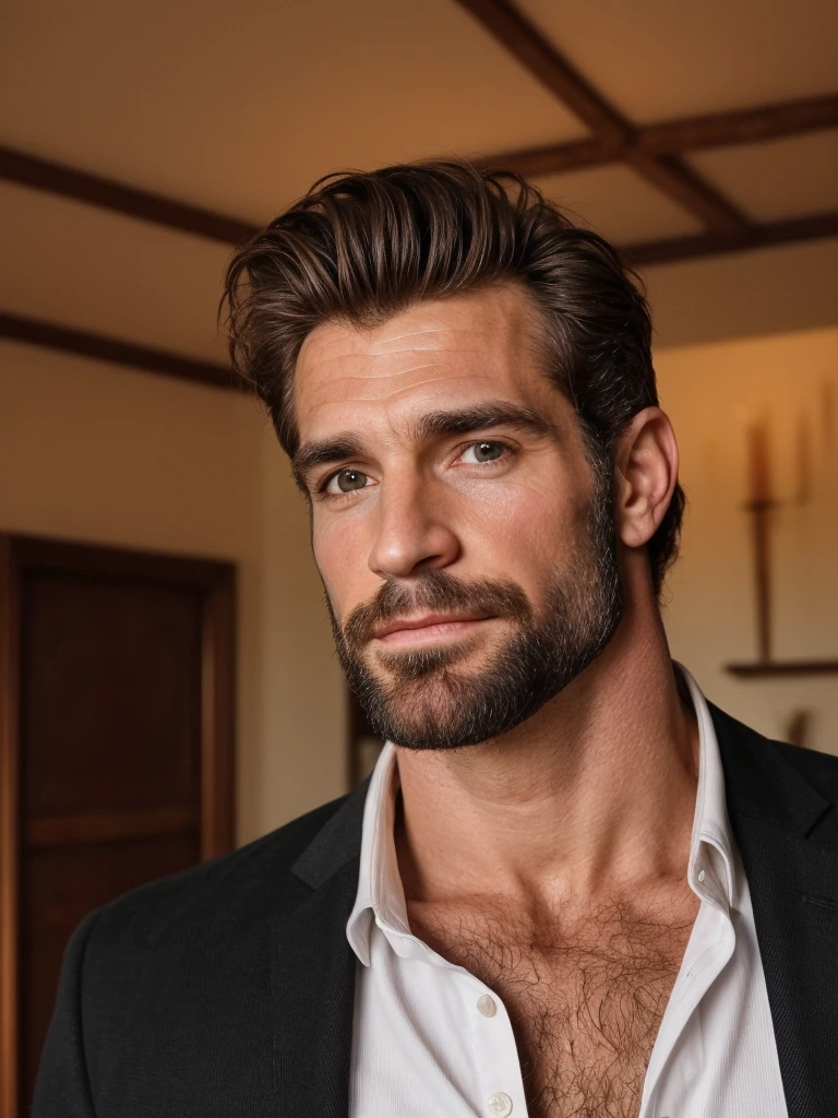 hair, portrait of a ruggedly handsome paladin, muscular, half body, masculine, mature, Retrato de un joven, Muscular very handsome and attractive italian men, A 40 years old male, Retrato de un joven, Muscular, real, ( Man in the room ), Wearing black business shirt 