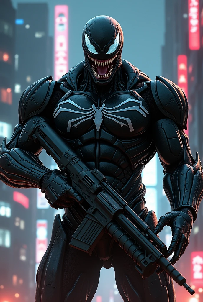 Draw a fusion of Venom and Robocop。Mechanical、Make it a scary robot。Put a machine gun in your hand。The background is Tokyo at night。Draw with black and silver。The ratio is5versus5。Machine Gun Shooting