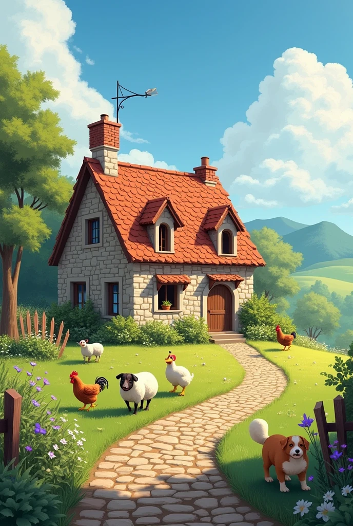 Nature background with cobblestone house and animals make it more realistic