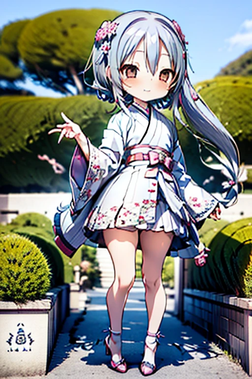 Cute BabiesChibiAnime,Gray Hair、(((Chibi 3D))) (Highest quality) (Master Price)、White kimono、White lace high heels with knitted floral motif、Japanese garden