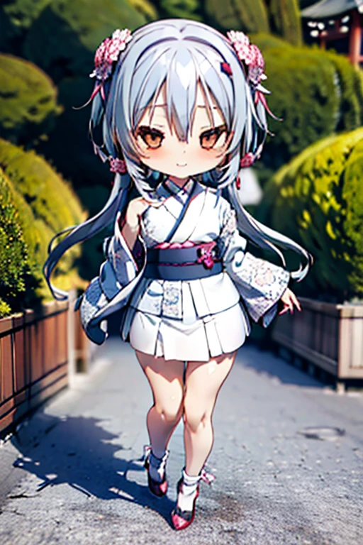 Cute BabiesChibiAnime,Gray Hair、(((Chibi 3D))) (Highest quality) (Master Price)、White kimono、White lace high heels with knitted floral motif、Japanese garden