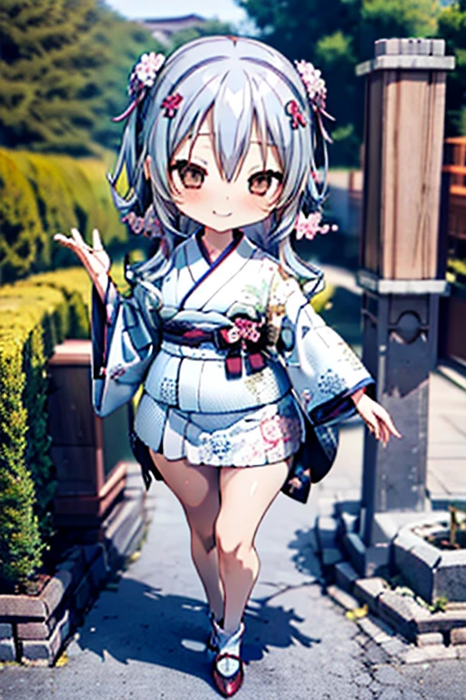 Cute BabiesChibiAnime,Gray Hair、(((Chibi 3D))) (Highest quality) (Master Price)、White kimono、White lace high heels with knitted floral motif、Japanese garden