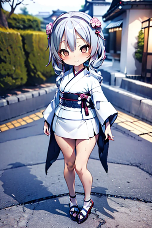 Cute BabiesChibiAnime,Gray Hair、(((Chibi 3D))) (Highest quality) (Master Price)、White kimono、White lace high heels with knitted floral motif、Japanese garden