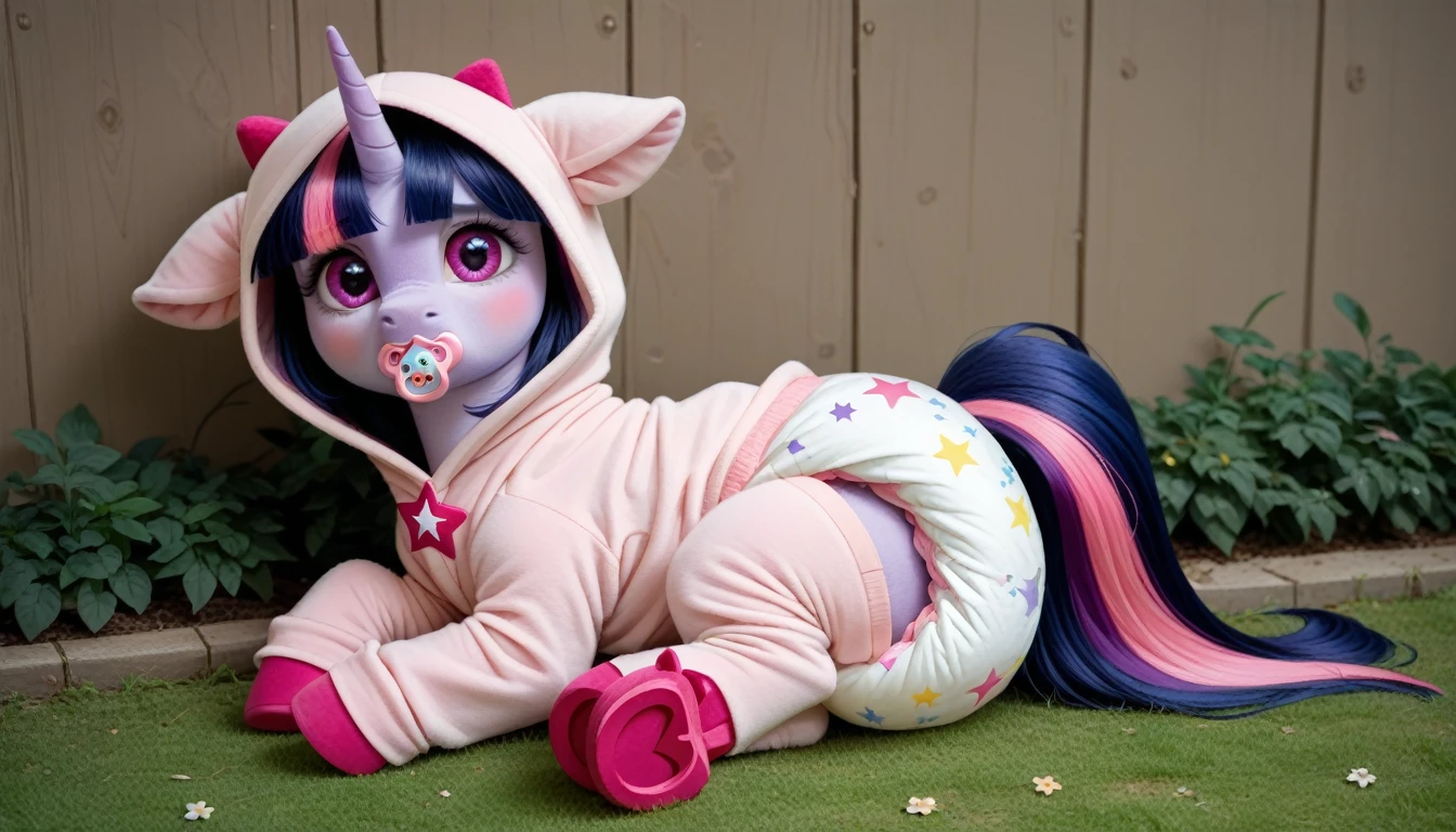 pony, purple unicorn, dark blue mane with purple streak and pink streak, the tail is dark blue with a purple strand and a pink strand, purple eyes, on the side close to the back hoof is a drawing of a pink star with six small stars around a central star, adult mare, sitting outside, wearing an adult-sized onesie and booties, baby adult size pacifier in mouth, solo, thick diaper under clothes, pink blush on cheeks, Embarrassment, Awkwardness.