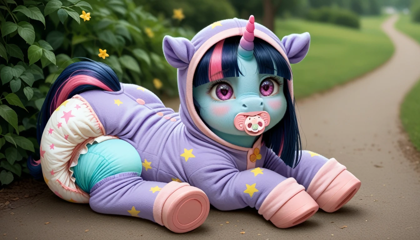 pony, purple unicorn, dark blue mane with purple streak and pink streak, the tail is dark blue with a purple strand and a pink strand, purple eyes, on the side close to the back hoof is a drawing of a pink star with six small stars around a central star, adult mare, sitting outside, wearing an adult-sized onesie and booties, baby adult size pacifier in mouth, solo, thick diaper under clothes, pink blush on cheeks, Embarrassment, Awkwardness.