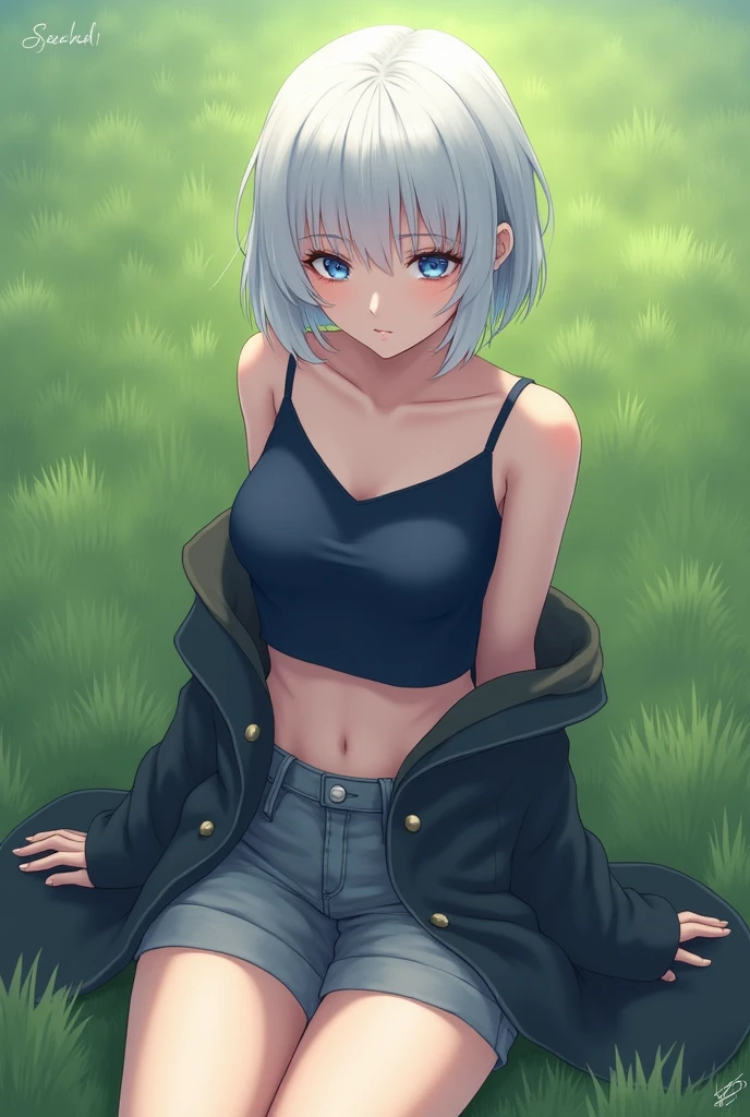 Anime Woman with short white hair, blue eyes, sitting on the grass, with a jacket wrapped around her waist, and a dark blue crop top