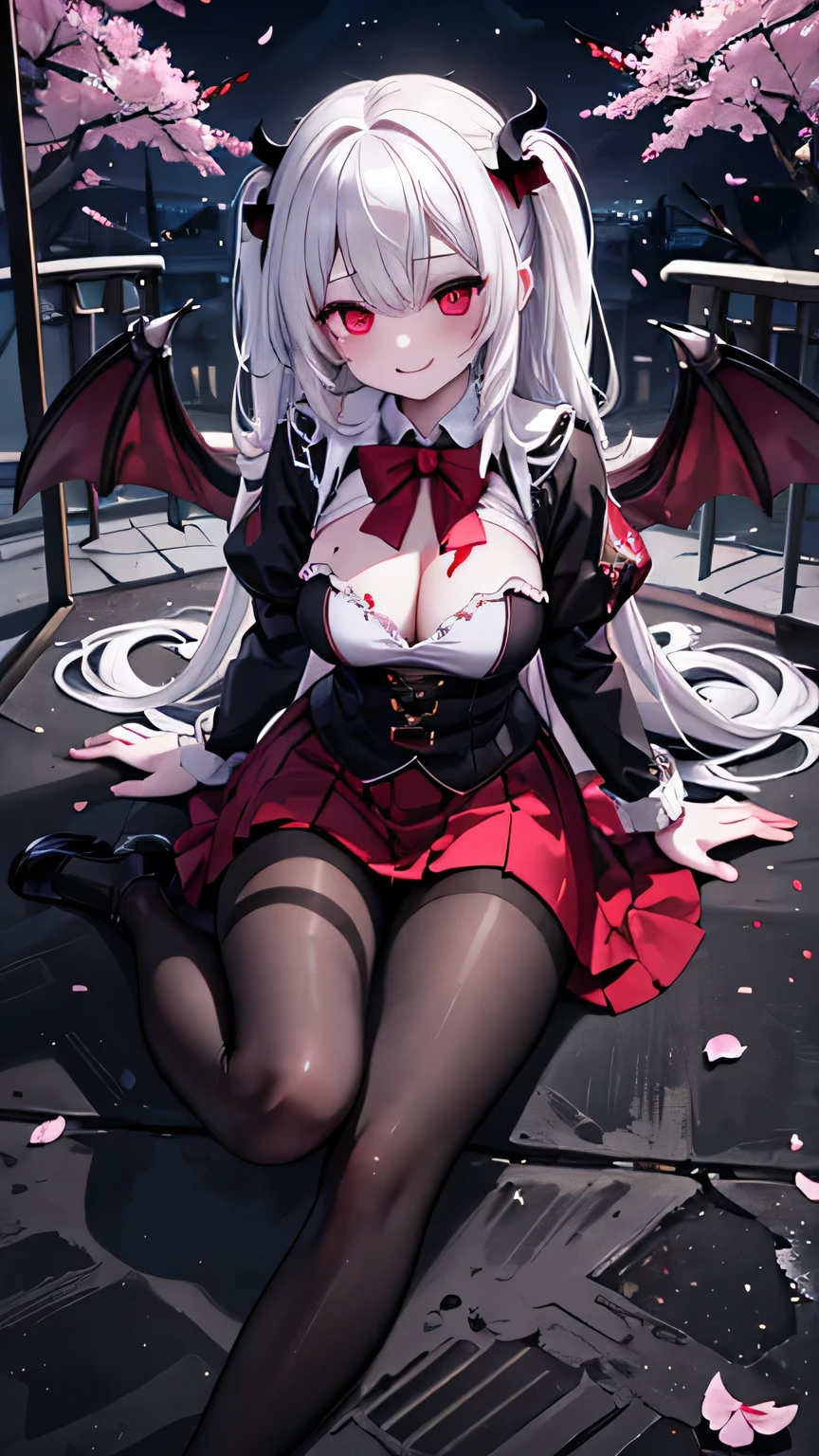 Ultra high resolution, 8K, extremely detailed, masterpiece, best quality, high quality, full body shot, low-angle shot, (Beautiful girl: 1.3), one girl, bloody, (blood splatter: 1.2), (vampire: 1.3), white hair, dark atmosphere, classroom, cherry blossoms, night, pale skin, uniform, cleavage, evil smile, loafers, pantyhose