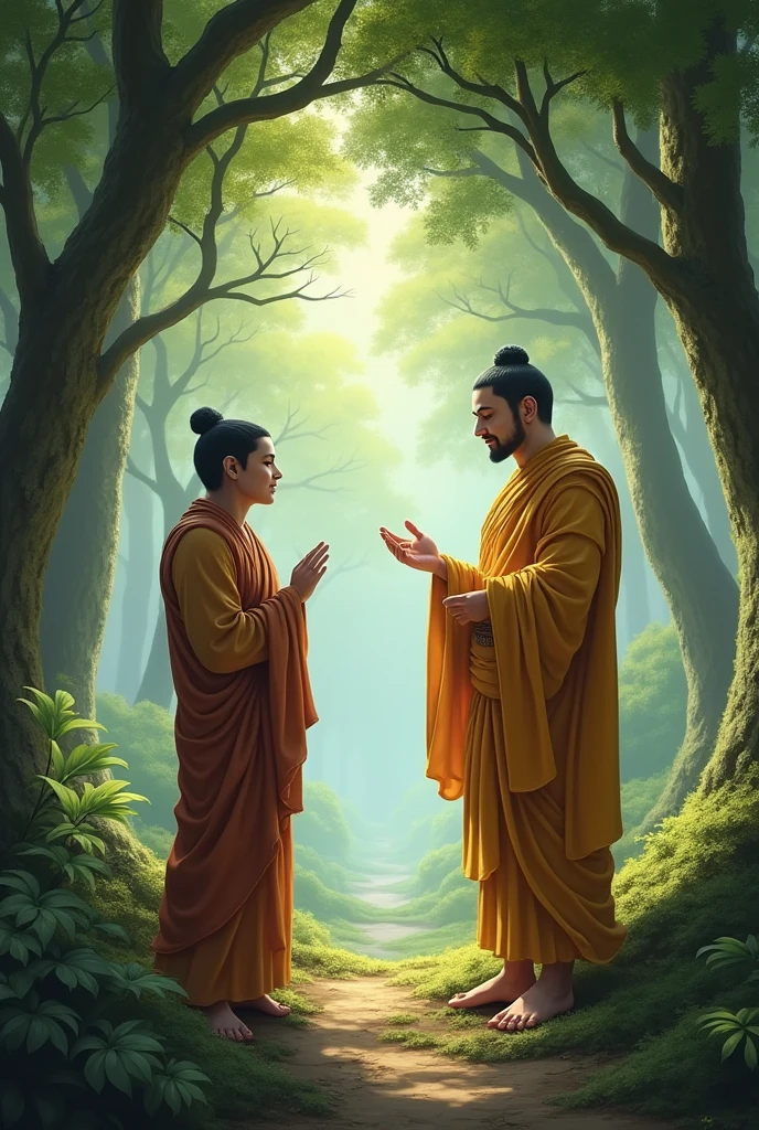 Buddha poses the question to Malyukputra. The image shows Malyukputra in a thoughtful pose, while Buddha gestures with his hand, explaining the scenario of a man hit by a poisoned arrow. The background is still a peaceful forest, with both fig