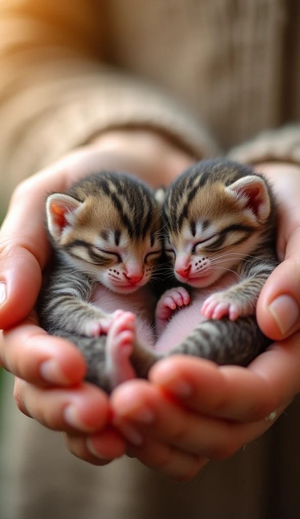 Two adorable newborn kittens are sleeping comfortably in the arms of humans, showing off their tiny features and soft fur with warm natural light that illuminates their innocent expressions.  They.   The background is softly blurred to emphasize the puppy, creating a warm and intimate look.