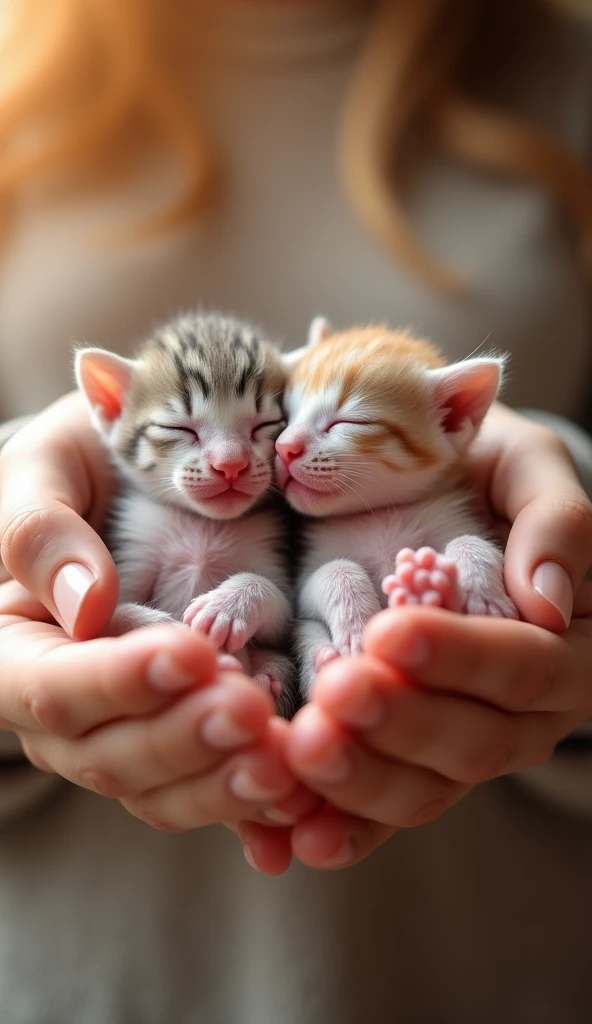 Two adorable newborn kittens are sleeping comfortably in the arms of humans, showing off their tiny features and soft fur with warm natural light that illuminates their innocent expressions. They. The background is softly blurred to emphasize the puppy, creating a warm and intimate look.