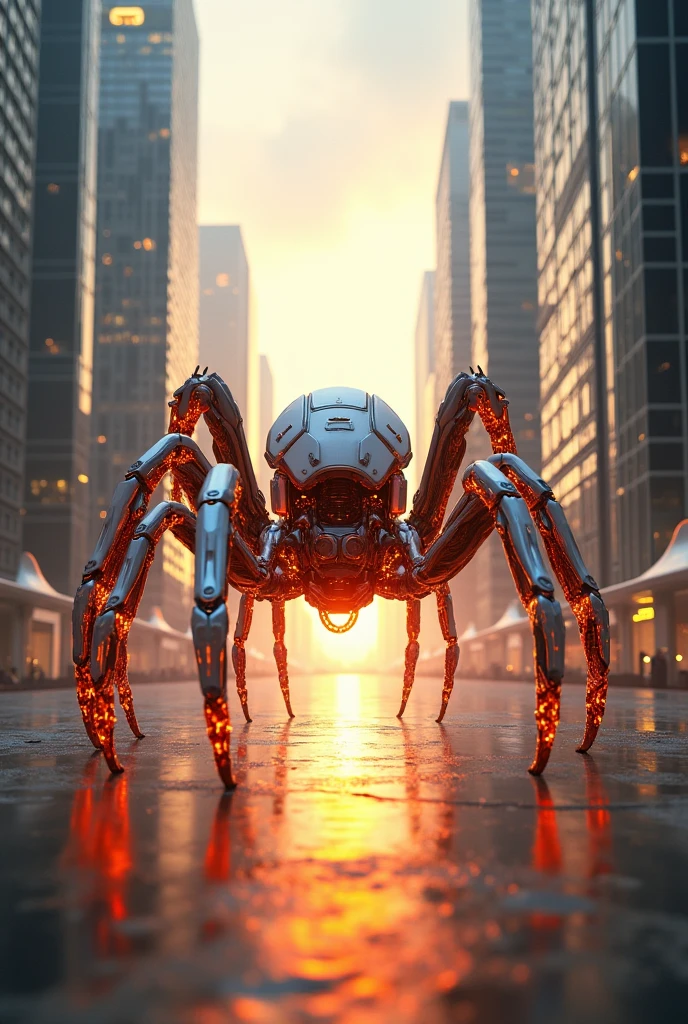 Fire spider in white cyborg costume standing between sky scrapers at sunset