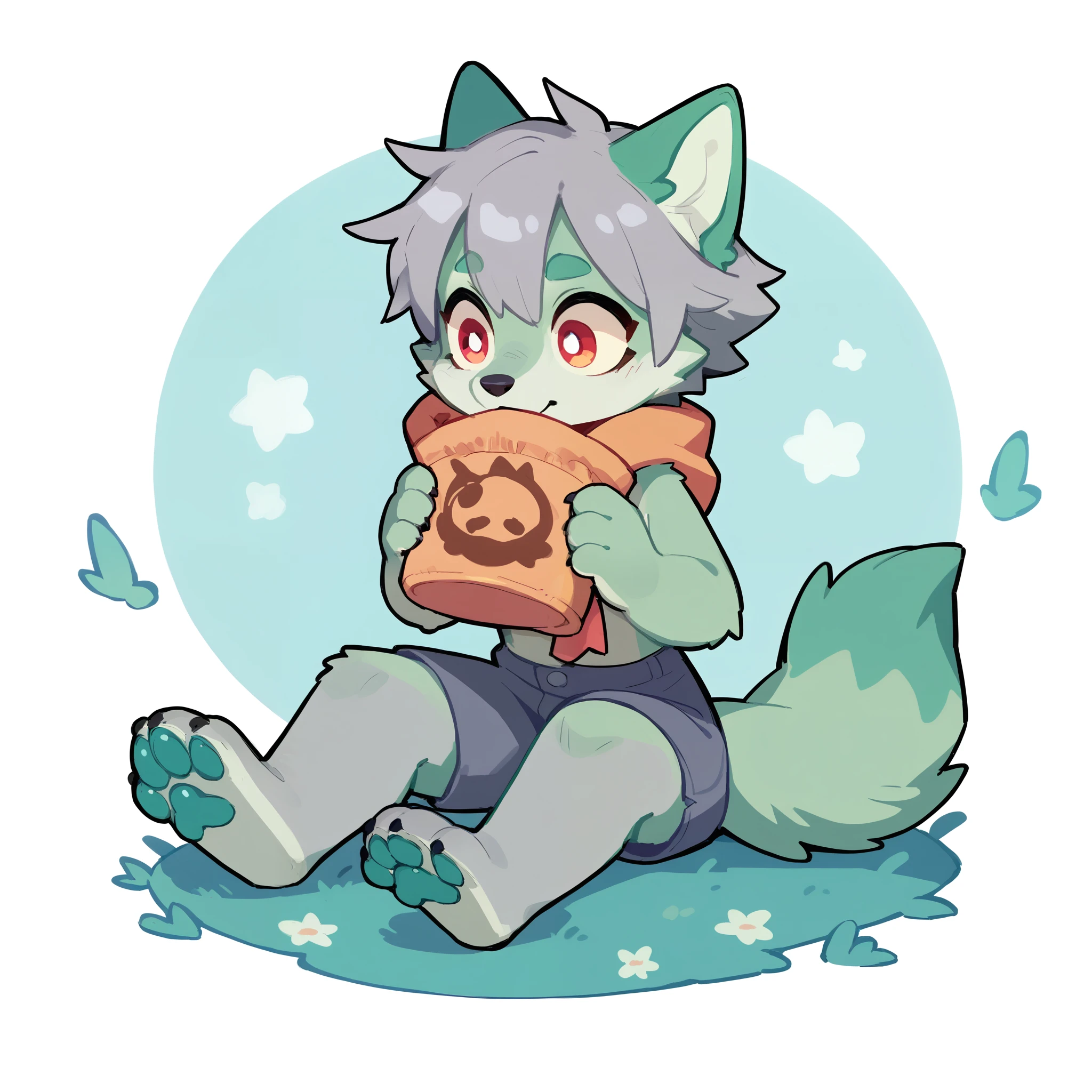 Full body diagram,Furry, Cute, Short gray hair, green fur, cute, wolf, melancholy eyes.Four paws.