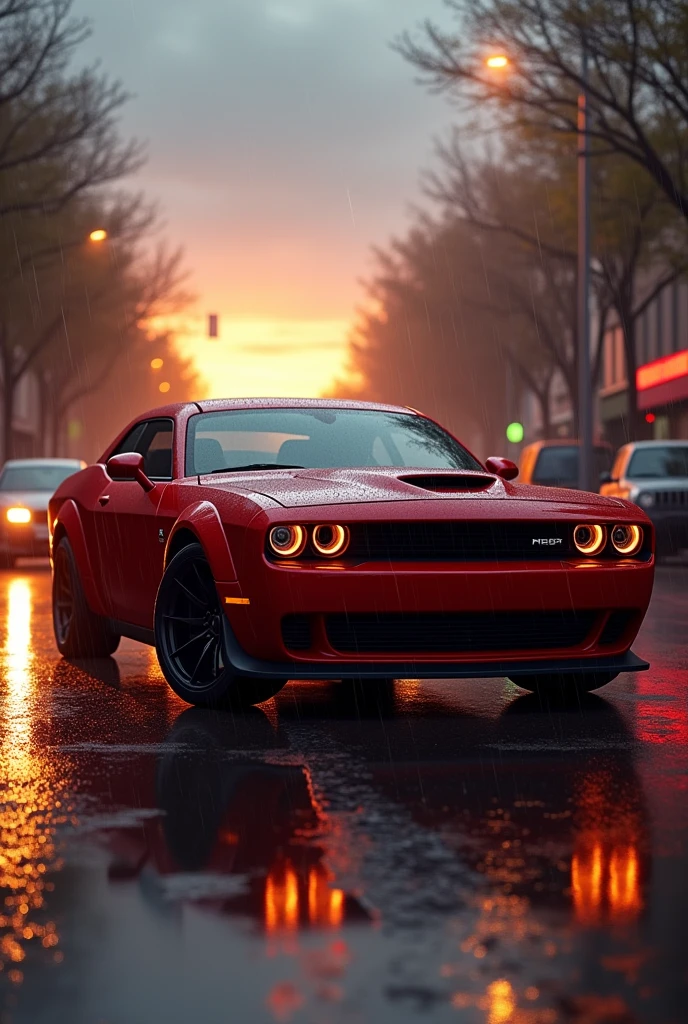 Dark red mussul car stand in rainy road with glowing sun make it more realistic