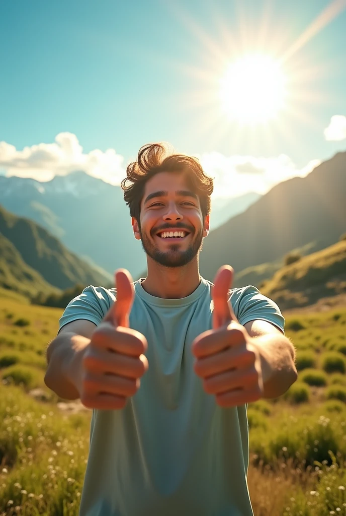 A young man with a radiant smile, with thumbs up and surrounded by a sunny and beautiful landscape, include the zodiac symbols of Sagittarius. Bow symbol