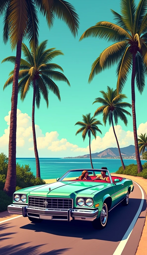 Couple in vintage car, palm trees, marine drive way, GTA Vice City style, 80s, Hawaii, retro comic style illustration
