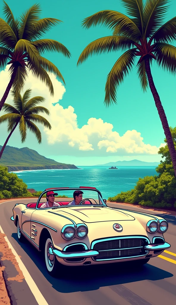 Couple in vintage car, palm trees, marine drive way, GTA Vice City style, 80s, Hawaii, retro comic style illustration
