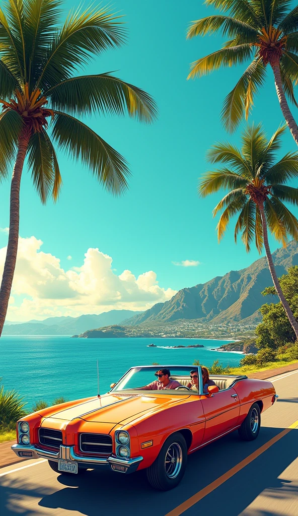 Couple in vintage car, palm trees, marine drive way, GTA Vice City style, 80s, Hawaii, retro comic style illustration