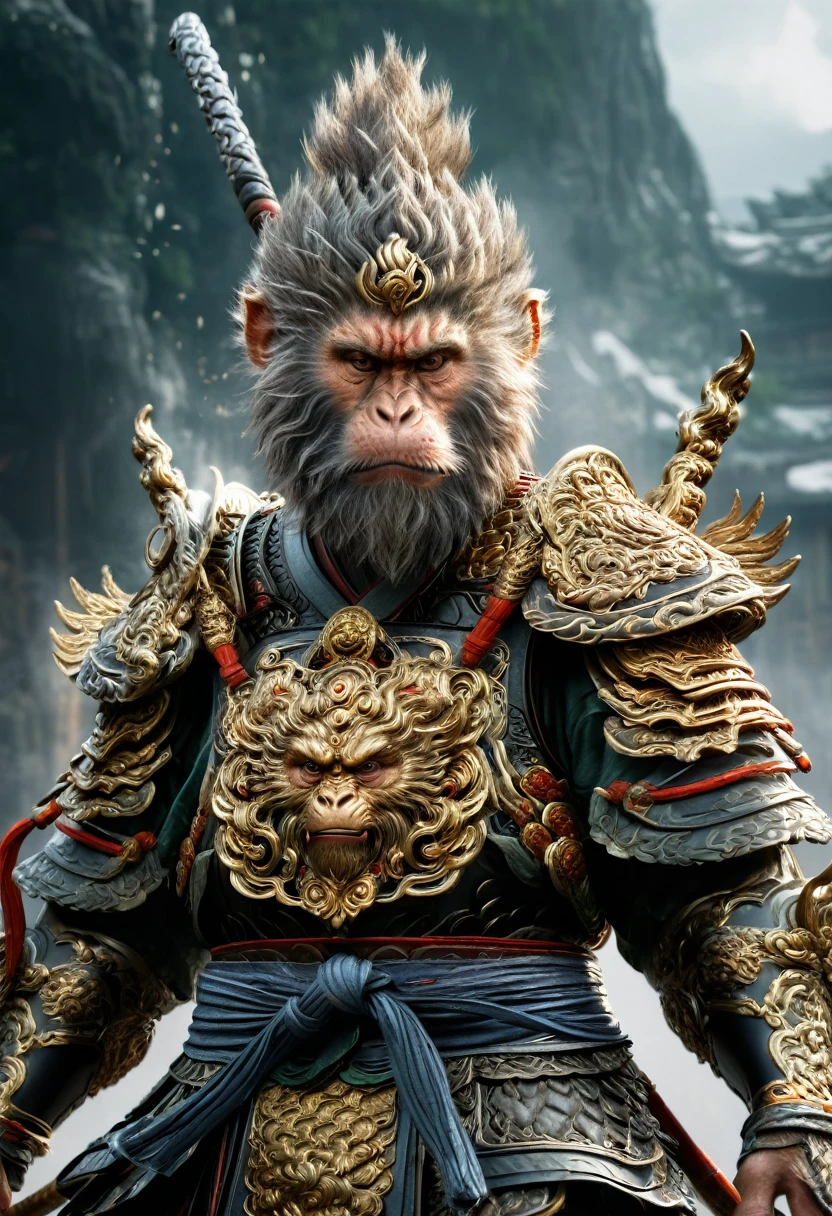 Create an epic and detailed illustration of a legendary warrior with simian features, resembling Sun Wukong, the Monkey King from Chinese mythology. The character should be clad in intricate, ancient armor with ornate patterns, and wielding a powerful staff. The setting is a dramatic battlefield with dust and energy swirling around, highlighting the warrior's fierce and determined expression.", Mysterious, trending on artstation, sharp focus, studio photo, intricate details, highly detailed, by greg rutkowski, black background, scar, Realistic Details, Extremely Fine Detail, Detailed Description, Unreal Engine, Front View, Full Body Shot, Natural Light, Good Viewing angle, Ultra HD, 8K,