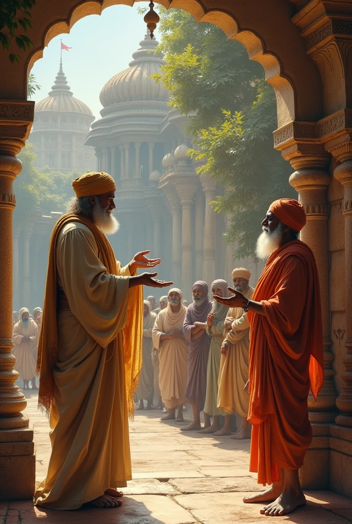 "A wise sage in simple, traditional Indian attire, speaking to King Bhoj. The sage is gesturing towards a group of poor people, symbolizing the advice to feed them. The scene takes place in a serene, ancient Indian setting."