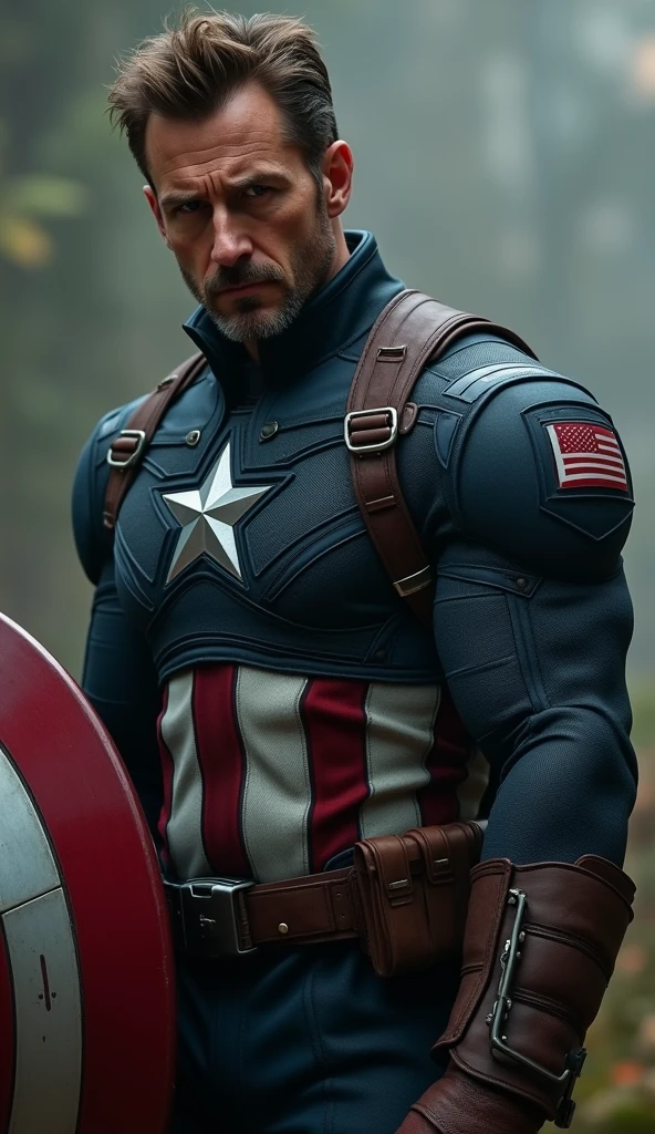 Captain America's face is a study in inner conflict, his brows furrowed, and his eyes filled with anguish as he weighs the consequences of altering the timeline. His iconic shield is slung across his back, slightly obscured, as if forgotten in this moment of deep contemplation. His stance is tense, with one foot planted forward, ready to move, but his body pulled back by the weight of the decision.
