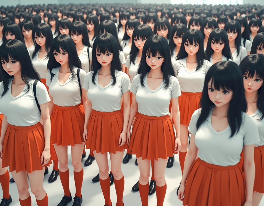 (((((Japanese Clone-girls=Myself))))), (((Super Best masterpiece Clone-girls Raw Photography Art))), (((16K, Highest quality, Ultra-high resolution, RAW Photos))), (((It's so unrealistic., With unparalleled depiction, With an unfathomable sight, An unprecedented and shocking worldview, Clone-girls: In a world of mass reproduction, Ultra-realistic))), (((Japanese Girls, Sasaki Nozomi, 26yo, Small face, Thick black hair, Medium to long hair, Dark Eyes, Mature face, Cute Smile, Smiling face, A gentle gaze, (((Very happy laughter)))))), (((Very beautiful detailed girls, Accurate body structure, Accurate body movements, Very detailed body, (((Super big breasts, Large bulge of ample breasts)))))), (((White short-sleeved shirt, I can see the cleavage, Emphasise the fullness of your breasts, Orange pleated mini skirt, Red color socks, Black leather shoes))), ((((((((Very detailed, Myself cloning, Depiction of splitting oneself, 1Myself girl→1,000,000,000,000,000,000,000,000,000,000Myself cloning girls)))))))), (((((((Myself clone-girlsから, Myself keeps multiplying, (Very detailed and intricate, To the exact, Flawless, (((In the same female body,With the same face, With the same hairstyle, In the same clothes, At the same height, 同じSuper big breastsである))), In a detailed depiction), 1,000,000,000,000,000,000,000,000,000,000 people))))))), (((((Myself girls only))))), (((((1,000,000,000,000,000,000,000,000,000,000Myself girls))))), (((((Very detailed depiction, Multiple or more Myselves, Physical contact, Pleasant conversation, Holding hands, Hug, walk, Turn around, Shift your gaze))))), (((Very detailed, Extremely crowded, Body-to-body contact with no gaps))), (Bright and soft light), (((((Clear and accurate perspective depiction, super wide view, Ultra-wide field of view, Focus on the average value of the image))))), A crowd of Myself filling up the horizon, Everyone is sexy!!!!, I want to touch each other, I want to have sex with everyone, I want to overlap